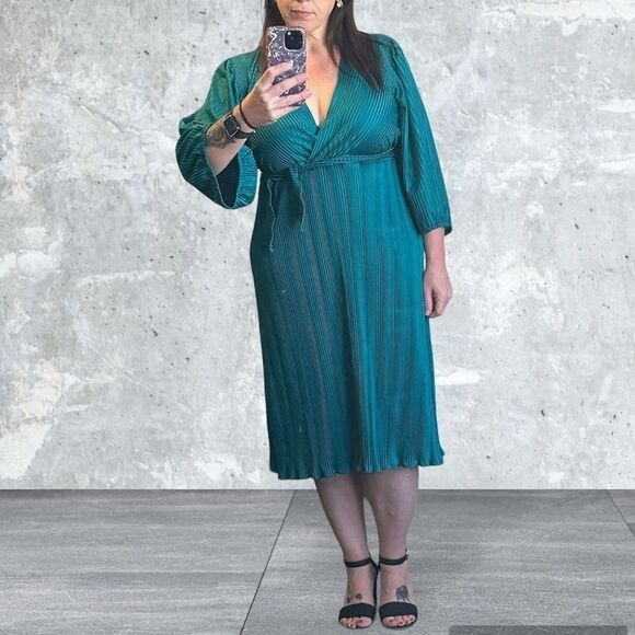 Ayres by E. Eysen Vintage V Neck Wrap Dress Teal Large 10 12 - Picture 1 of 16